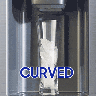 Rotating images of ice in glass sitting in ice dispenser of fridge, showing "Curved", "Crushed", "Cubed", and "Ice Bites™"