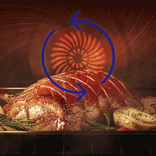 Food cooking in oven, with icon of convection fan and arrows rotating in a circle around it.