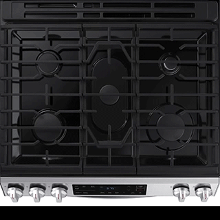 Gas cooktop with burners highlighted one by one with a glowing blue ring starting with the Power Burner and ending with the smallest burner.
