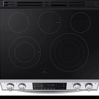 Electric cooktop with burners highlighted one by one with a glowing blue ring starting with the Power Burner and ending with the smallest burner.