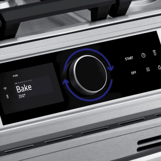 Animation of control panel on front of gas range with blue arrows around Smart Dial knob while oven settings change