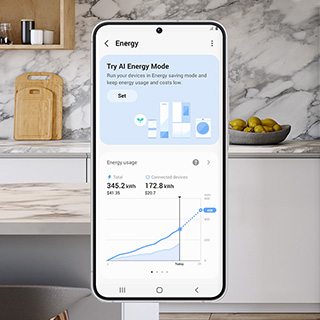 Image of phone showing SmartThings Energy® app on screen.