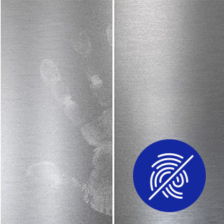 Split screen of stainless steel with the left side showing part of a hand print and the right side clean. Overlayed with blue icon of fingerprint with a line through it.