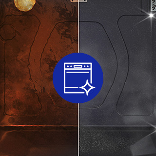 Split screen image of inside of oven, left side is dirty and right side is clean. Overlayed with blue icon of an oven with a graphic sparkle.