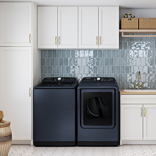 Brushed Navy washer and dryer shown next to each other in laundry room.