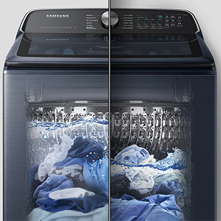 Split screen showing washer with extra water on one side and standard water on the other.