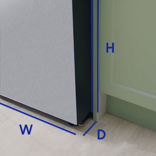 Image of fridge indicating lines for width, depth and height.