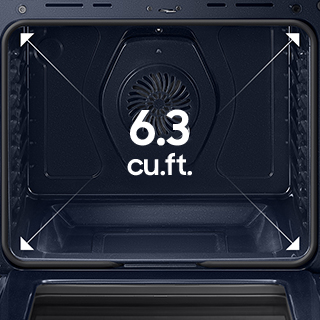 Open oven with "6.3 cu. ft." written and arrows pointing to edges of oven.