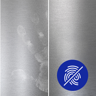 Split screen of stainless steel with the left side showing part of a hand print and the right side clean. Overlayed with blue icon of fingerprint with a line through it.