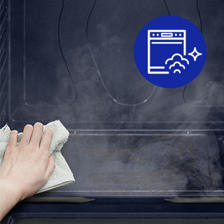 Hand with rag reaching into steaming oven. Overlayed with blue icon of an oven with a graphic sparkle and steam cloud.
