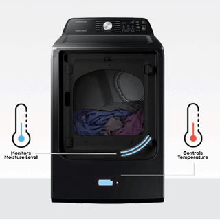 Image of dryer with a thermometer icon to the left reading 
