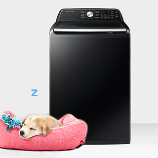 Dog sleeping quietly next to washing machine.