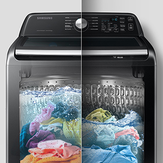Image showing inside of washing machine with a side by side of clothes in an extra high water level vs. normal water level.