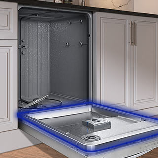 Image of dishwasher door open, highlighting hybrid tub inside door.