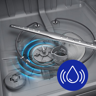 Image of bottom of dishwasher with digital leak sensor highlighted. Icon of water droplet overlayed.