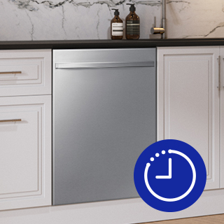 Image of dishwasher in kitchen, with blue icon of a clock overlayed.