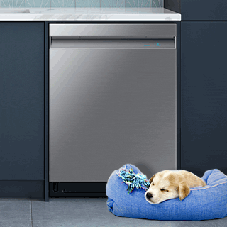 Dog sleeping in front of dishwasher with 