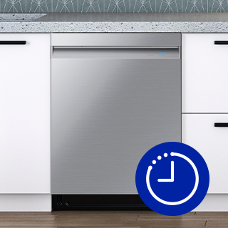 Image of dishwasher in kitchen, with blue icon of a clock overlayed.