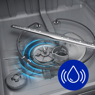 Image of bottom of dishwasher with digital leak sensor highlighted. Icon of water droplet overlayed.