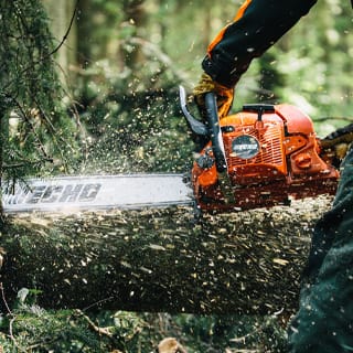Chainsaw cutting through tree trunk