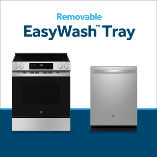 View of  removable EasyWash™ Oven Tray being lifted  from bottom of range and placing in top rack of dishwaser for easy cleaning.