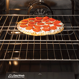 An inside-the-oven view of pizza baked to perfection with a callout of "No Preheat Pizza".