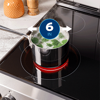 A boiling pot of broccoli sits on the 6" burner with a callout that shows the 9" burner.