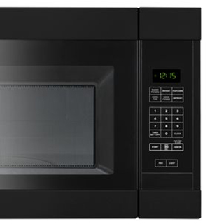 Modern black microwave with digital controls and electronic interface