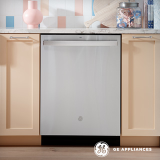 Close-up shot of the GE Appliances dishwasher in a beautiful kitchen.